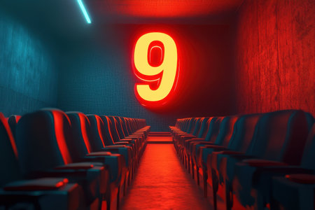 A movie theater with a neon sign that says 9. The chairs are empty and the room is dimly litの素材
