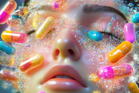 A woman's face is covered in colorful pills. The pills are scattered all over her face, with some on her nose, mouth, and cheeks. The image has a playful and whimsical moodの素材
