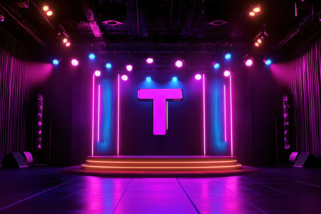A stage with a spotlight on a podium with the letter T on it. The stage is lit up with bright colors and the mood is energetic and excitingの素材
