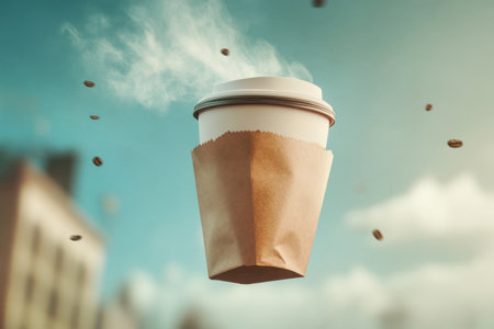 A coffee cup with coffee and coffee beans flying out of it. Concept of chaos and messiness, as the coffee and coffee beans are scattered all over the placeの素材