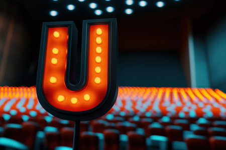 A lit up U is on a stage in front of a crowd of people. The lights are bright and the U is glowing, creating a sense of excitement and anticipation. The audience is waiting for the show to beginの素材
