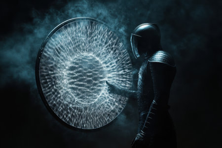 A man is holding a shield and standing in front of a cloudy sky. Concept of strength and protection, as the man is prepared to defend himself or others. The cloudy sky adds a touch of mysteryの素材