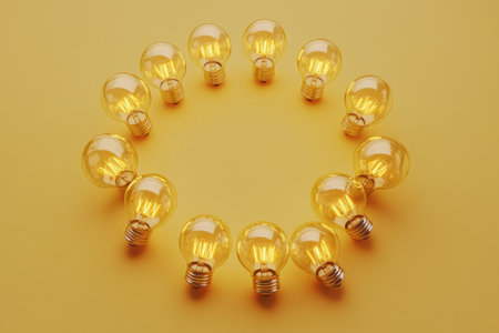 A group of light bulbs are arranged in a circle on a yellow background. The bulbs are all different sizes and colors, but they all have a similar shapeの素材