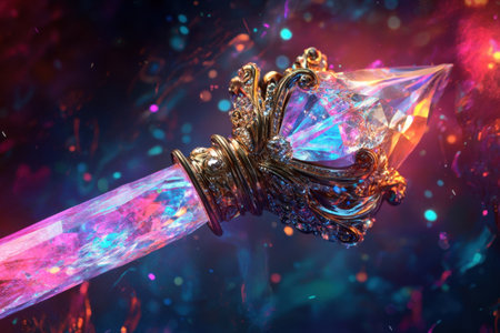 A gold colored staff with a purple crystal on top. The staff is surrounded by smoke and the background is darkの素材