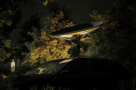 A satellite dish is on top of a car. The sun is setting in the backgroundの素材