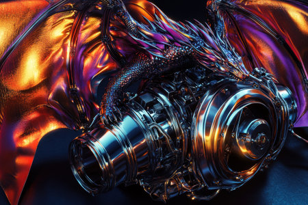 A metallic dragon with a metallic engine. The dragon is orange and purple. The engine is silver and has a metallic lookの素材