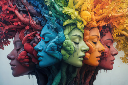 A tree with faces on it each with a different colorの素材