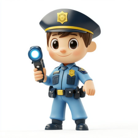A young boy in a blue police uniform holding a flashlight. Concept of playfulness and innocence, as the child is dressed up as a police officer. The flashlight adds a touch of whimsy to the sceneの素材