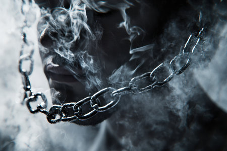 A man is smoking a cigarette and the smoke is filling his face. Concept of confinement and restriction, as the man is surrounded by the smoke and the chain around his neckの素材