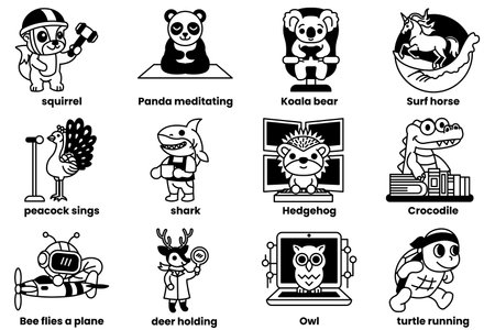 A Set of illustrations in the concept of animals doing various activities in line art styleのイラスト素材