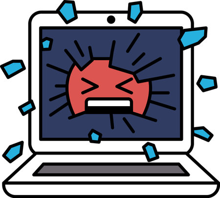 A laptop screen with a red face and a red circle with a black line through it. The laptop screen is shattered and the laptop is brokenのイラスト素材