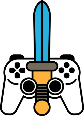 A video game controller with a sword on top of it. The controller is white and the sword is blue
