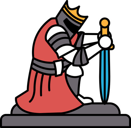 A knight is kneeling on a stone slab holding a sword. The knight is wearing a red robe and a crown. Concept of nobility and power, as the knight is depicted as a strong and noble figureのイラスト素材