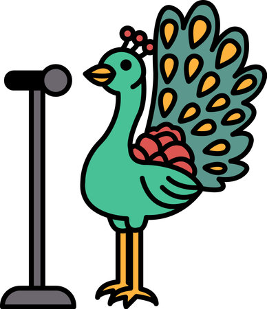 A cartoon peacock stands next to a microphone. The peacock is wearing a crown and has a microphone in its beakのイラスト素材