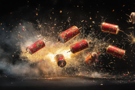 A series of fireworks explode in the air, creating a sense of excitement and celebration. The bright colors and sparks create a festive moodの素材
