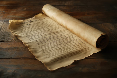 A long scroll of paper with the words "Declaration of Independence" written on it. The paper is old and worn, and the writing is faded. The scroll is laying on a wooden surfaceの素材