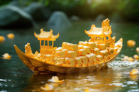 A gold boat with a lot of gold boxes on it is floating in a river. The boat is surrounded by flowers, giving it a serene and peaceful atmosphereの素材