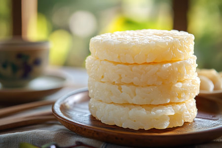 A stack of white rice cakes on a plate. The plate is on a table with a cup and a spoonの素材