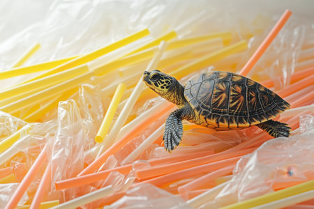 A turtle is laying on a pile of plastic straws. The turtle is small and brown. The pile of straws is yellow and orangeの素材