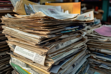 A pile of newspapers is stacked on top of each other. The newspapers are old and crumpled, and they are piled high. The scene suggests a sense of disorganization and clutterの素材