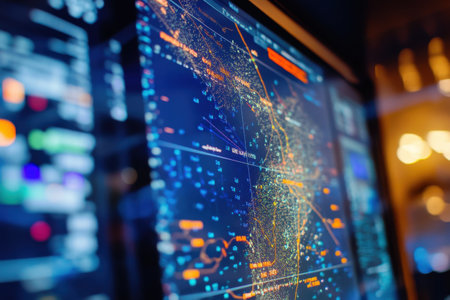 A computer monitor displays a map of a city with many dots on it. The dots represent various locations, and the map is lit up with bright colors. Concept of busyness and activity in the cityの素材