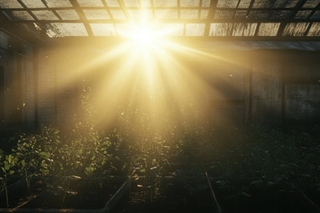 A greenhouse with plants and a sun shining through the glass. The sun is bright and warm, creating a peaceful and serene atmosphereの素材