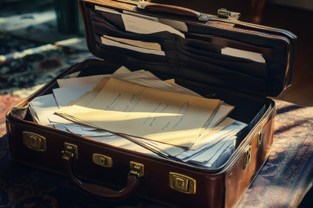 A brown suitcase with papers inside. The papers are scattered and some are folded. The suitcase is open and the papers are on the floorの素材