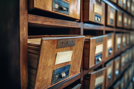 A row of wooden filing cabinets with the drawers open. The cabinets are full of papers and foldersの素材