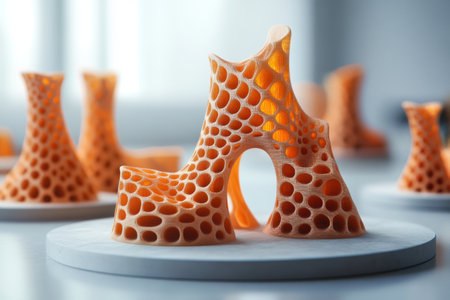 A group of orange sculptures are arranged on a white table. The sculptures are made of a material that looks like plastic, and they have a unique, abstract design. Scene is one of creativityの素材