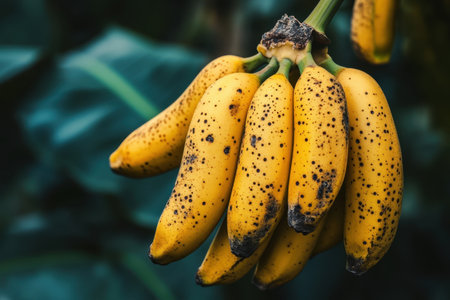 A bunch of bananas with brown spots on them. The bananas are yellow and appear to be ripeの素材