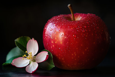 A red apple sits on a table next to a pink flower. The apple is shiny and wet, and the flower is delicate and beautiful. Concept of freshness and natural beautyの素材