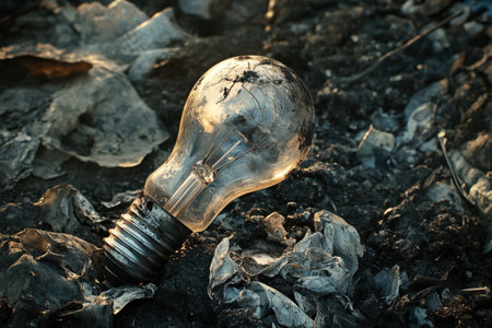 A light bulb is sitting on the ground, surrounded by leaves and dirt. The bulb is cracked and broken, giving the scene a sense of decay and abandonmentの素材
