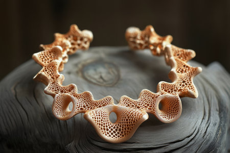 A gold and silver necklace with a flower design. The necklace is made of a material that looks like woodの素材