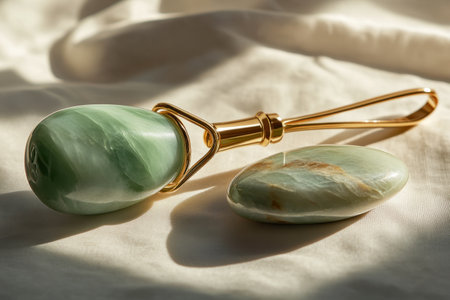 A green stone and a gold object are on a white surface. The stone is smooth and shiny, while the gold object is more textured. The combination of the two objects creates a sense of balance and harmonyの素材