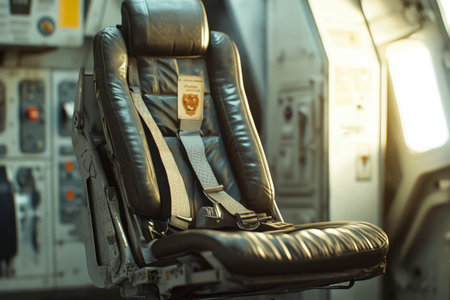 A leather airplane seat with a silver buckle. The seat is in a hangarの素材