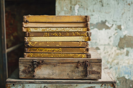 A pile of yellow books sits on top of a wooden crate, which is placed on a table. The crate is old and worn, giving the scene a rustic and nostalgic feel. The books are arranged in a neat stackの素材