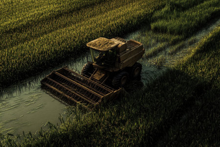 A tractor is driving through a field of tall grass. The tractor is covered in mud and he is stuck in the mudの素材