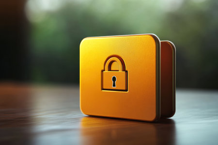 A gold colored box with a keyhole on the front. The box is sitting on a wooden surfaceの素材