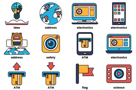 A set of icons for electronics, including a camera, a phone, a laptop, and a tabletのイラスト素材