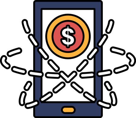 A cell phone with a dollar sign on it is chained to a wall. Concept of being locked out of something, possibly money or a phone. Scene is one of frustration and confinementのイラスト素材