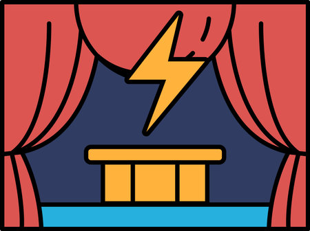 A stage with a red curtain and a yellow lightning bolt. The stage is set for a dramatic performanceのイラスト素材