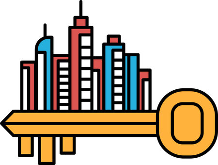 A key is shown with a city skyline in the background. The key is yellow and has a red stripeのイラスト素材