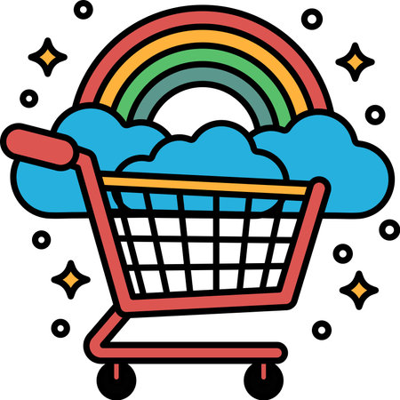 A shopping cart with a rainbow on it. The cart is red and has a handle. The rainbow is above the cart and is very colorfulのイラスト素材