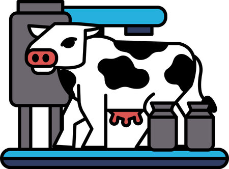 A cartoon cow is standing in front of a milk machine. The cow is white and black, and it has a red spot on its face. The milk machine is blue and has a blue handleのイラスト素材
