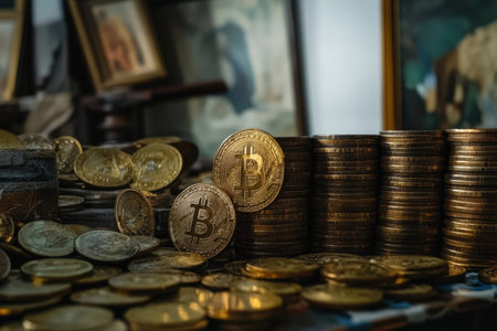 A pile of gold coins with a B on one of them. The coins are stacked on top of each otherの素材