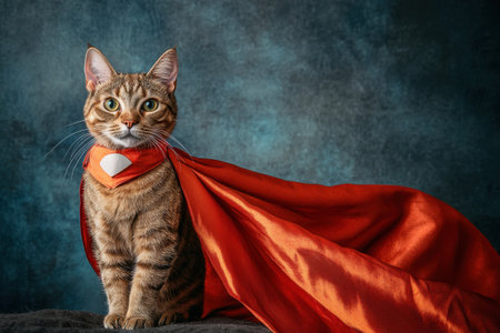 A cat is wearing a red cape and standing in front of a blue background.の素材