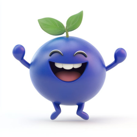 A blue cartoon fruit with a green leaf on top is smiling and jumping. The fruit is happy and joyfulの素材