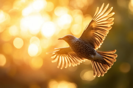 A bird is flying in the sky with the sun shining on it. The bird is small and has a brown and white color. The sun is bright and creates a warm and peaceful atmosphereの素材