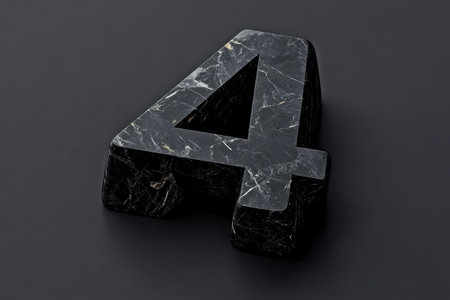 A black number 4 is shown on a dark background. The number is made of a solid block of marble, giving it a solid and sturdy appearance. Concept of strength and permanenceの素材