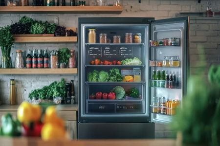 A refrigerator is open in a kitchen with a variety of fruits and vegetables inside. The refrigerator is black and has a silver handle. The kitchen is well-stocked with fresh produce, including applesの素材